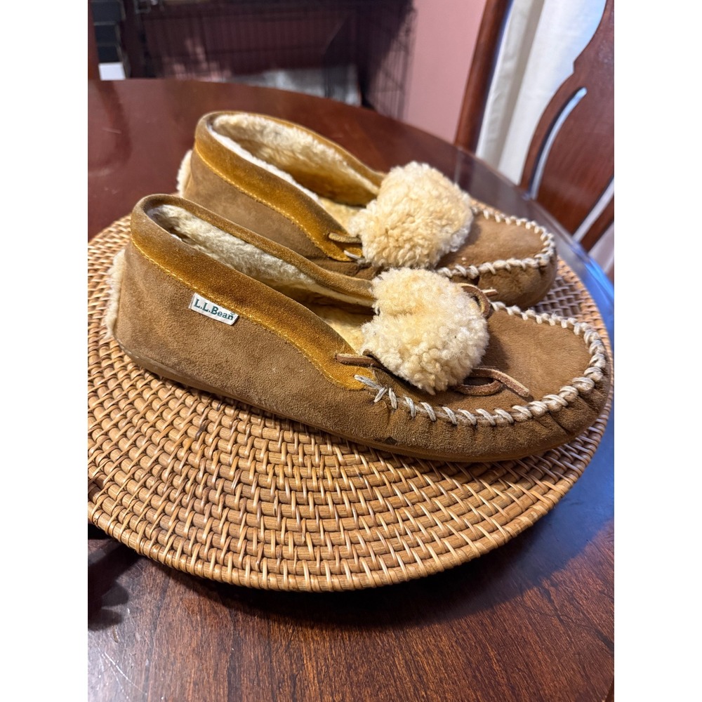 LL Bean Wicked Good Moccasins Womens 9 Brown Suede Shearling Slippers